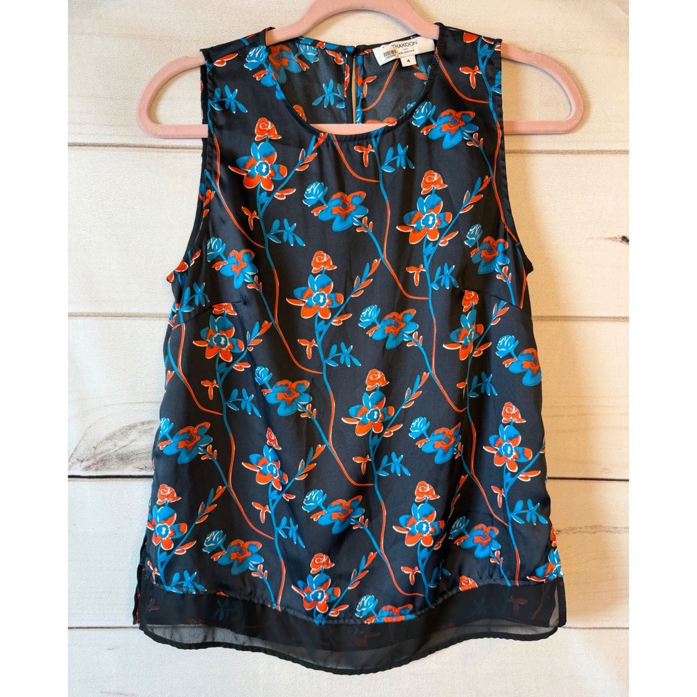 Thakoon Collective Womens Black Floral Sleeveless Blouse Blue Orange Size 4